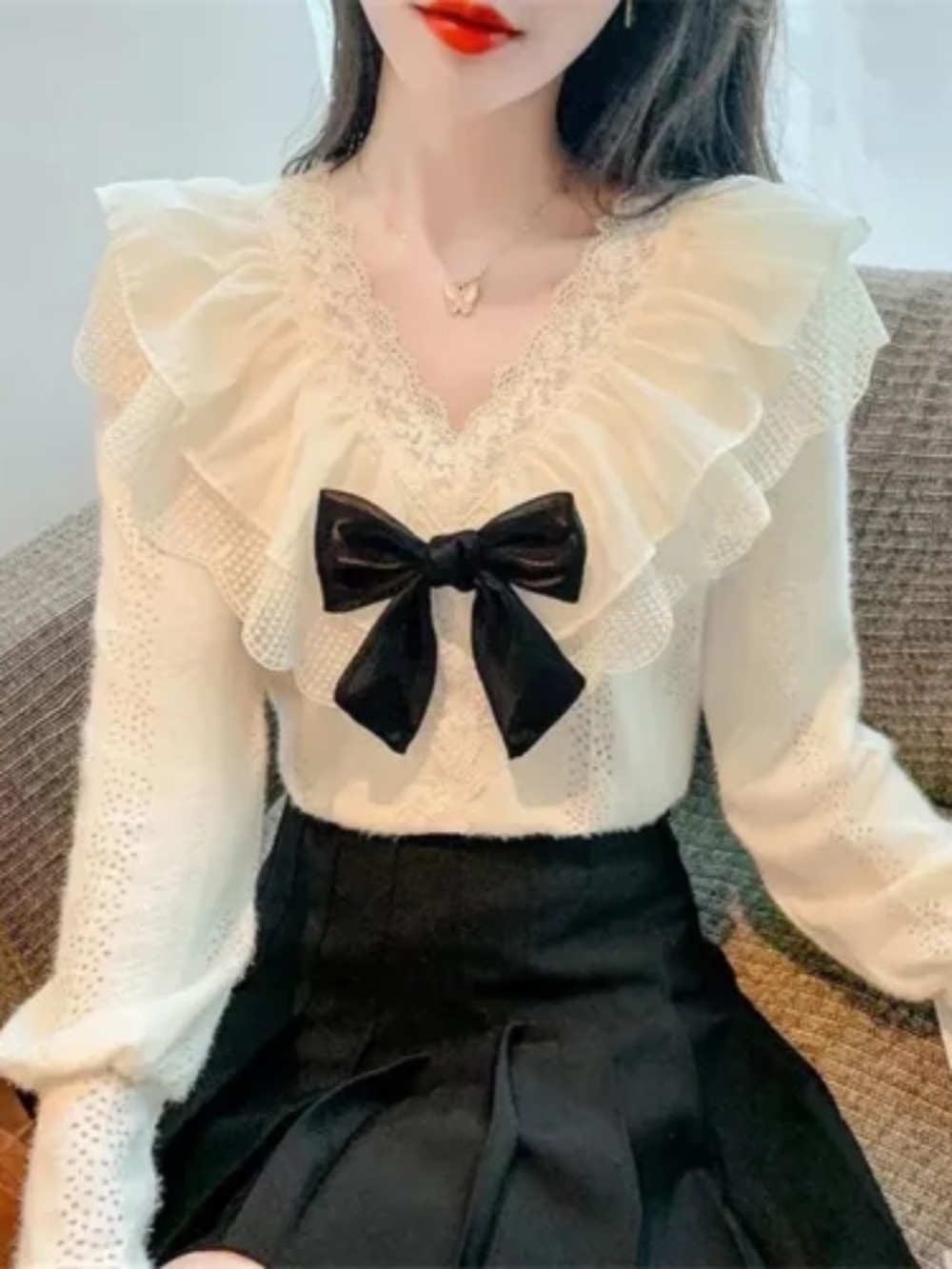 Cute Women Ruffle Bows Lace Patchwork V Neck Long Sleeve Casual Shirt Blouse Top